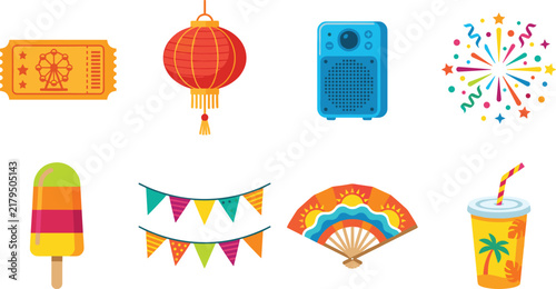 Set of colorful vector illustrations featuring various festival, carnival, and summer celebration elements