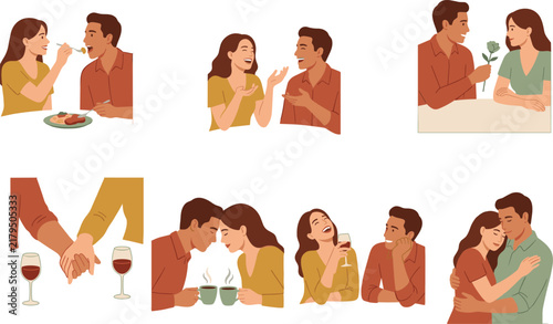 Set of flat vector illustrations featuring romantic moments of a loving couple in various everyday situations