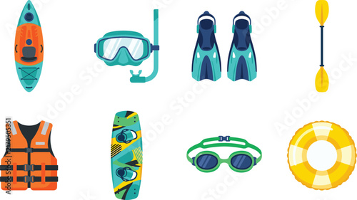 Set of colorful vector illustrations featuring various water sports and summer recreation equipment