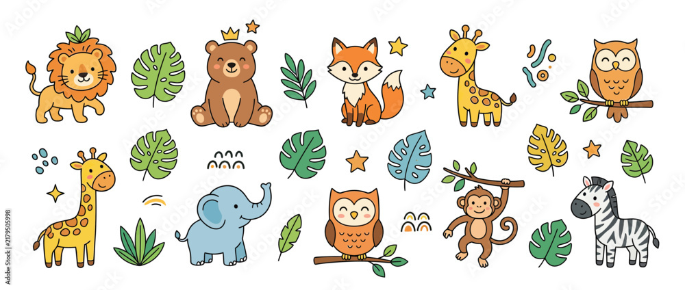 Fototapeta premium Cute cartoon safari animals and jungle leaves, isolated