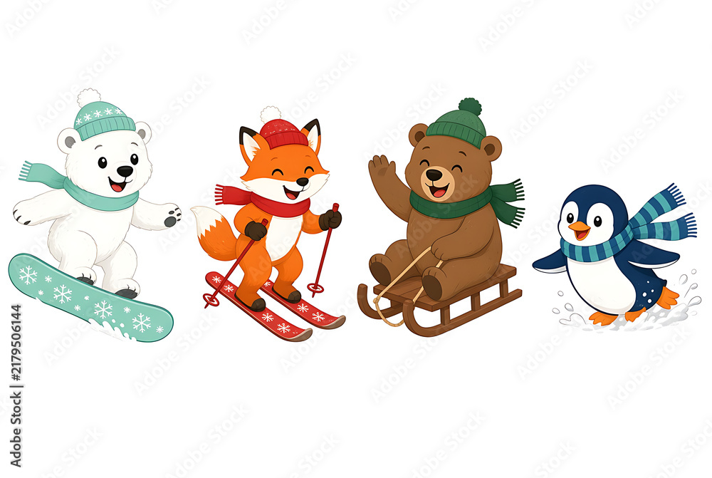 Fototapeta premium Cute cartoon animals having fun with winter sports like skiing snowboarding and sledding