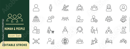Human and people line icon set. Featuring business teams, user profiles, employees, networking, and customer support. Editable vector illustration