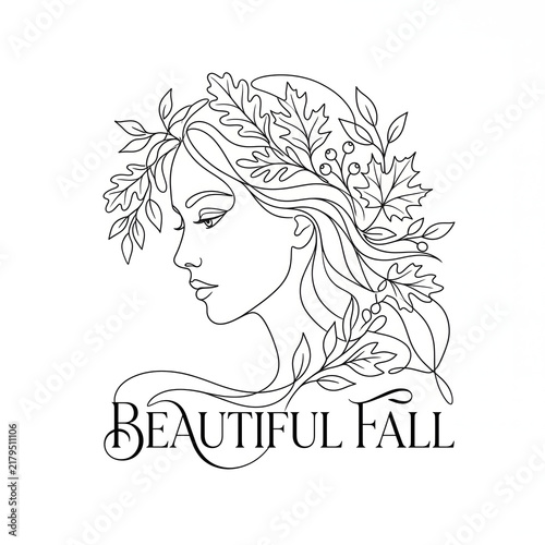 Elegant Line Art Illustration of a Beautiful Woman's Profile Decorated with Autumn Leaves and Fall Typography