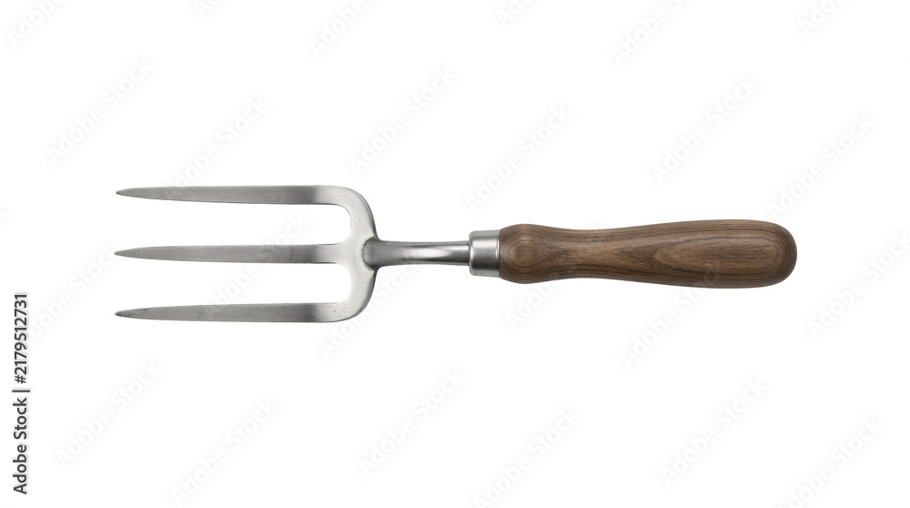 Obraz premium Three-pronged metal garden hand fork with a wooden handle isolated on a grey background.