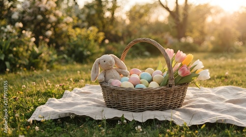 Easter basket fill with eggs, doll and flower