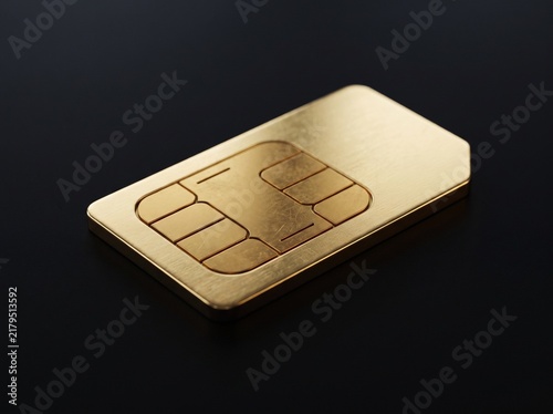 Detailed close up view of a premium golden electronic smart chip card for mobile connectivity isolated on a dark background