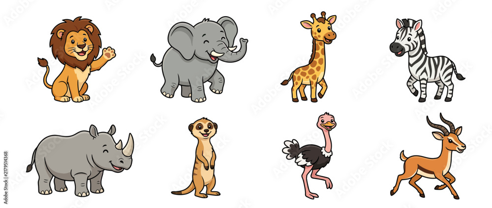 Obraz premium Cute cartoon safari animals collection isolated on white background
