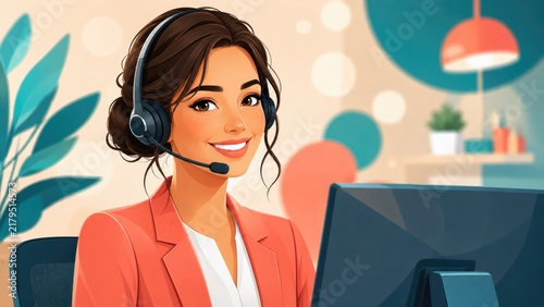 Smiling Female Customer Support Agent Wearing Headset Working at Computer Illustration