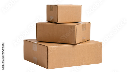Stack of three cardboard shipping boxes sealed with tape, isolated on transparent background
