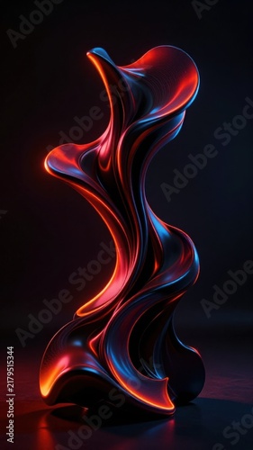 Abstract sculptural form featuring smooth black surfaces, dramatic red and blue reflections, and an undulating vertical silhouette.