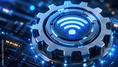 Glowing WiFi Symbol Inside Metallic Gear on Futuristic Digital Circuit Board