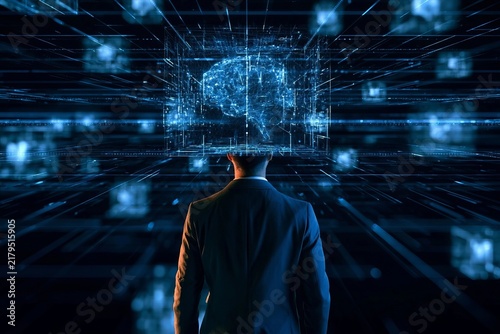 Obraz na płótnie Businessman Standing Before a Futuristic Digital Human Brain Interface Representing Artificial Intel