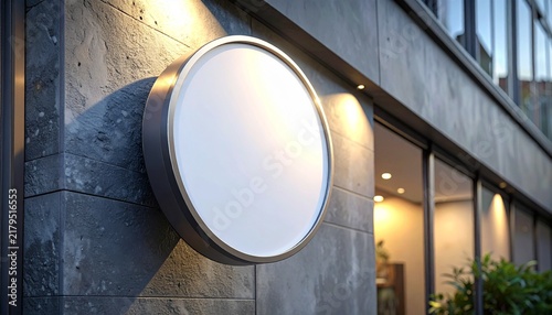コンクリート壁面に設置された円形看板のショップモックアップ 店舗ロゴやブランディング用コピースペース