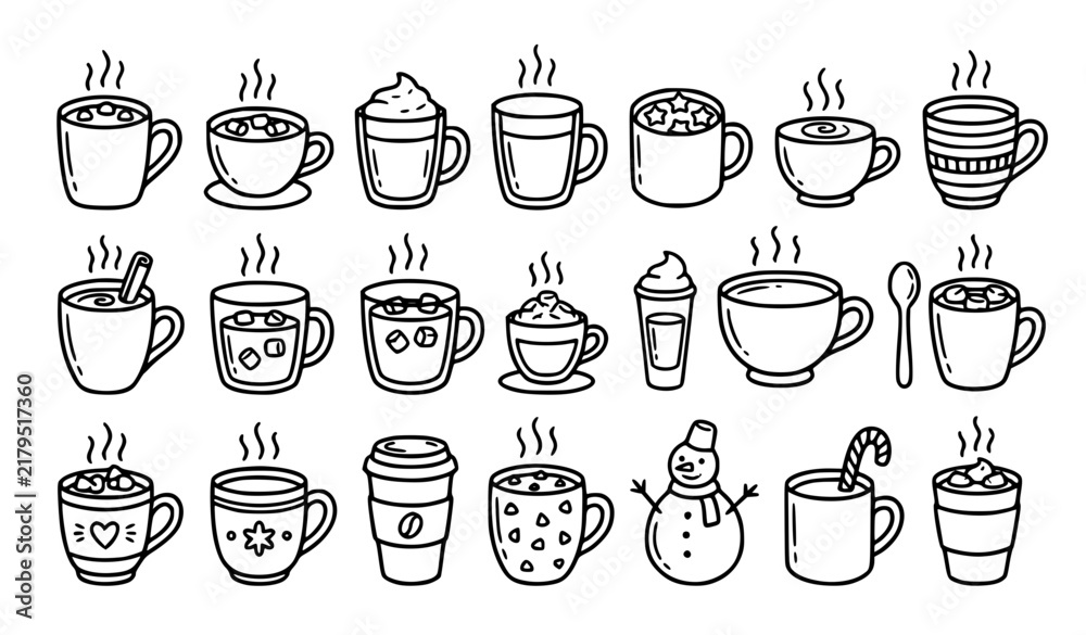Fototapeta premium Cute Marshmallow Cocoa Mug Hand Drawn Doodle Vector Icon Collection