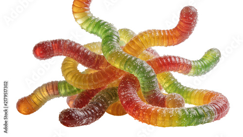 Foto Pile of colorful gummy worms covered in sugar, isolated on transparent backgroun