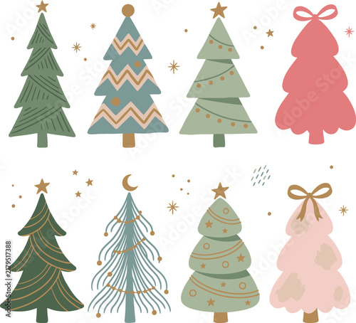 Eight stylized christmas trees with stars and crescent moon on a white background evergreen fir