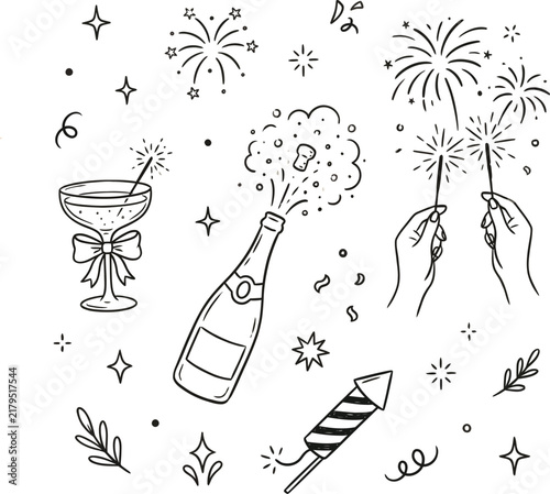 Celebration doodles including champagne bottle cocktail glass and fireworks in a hand drawn style party