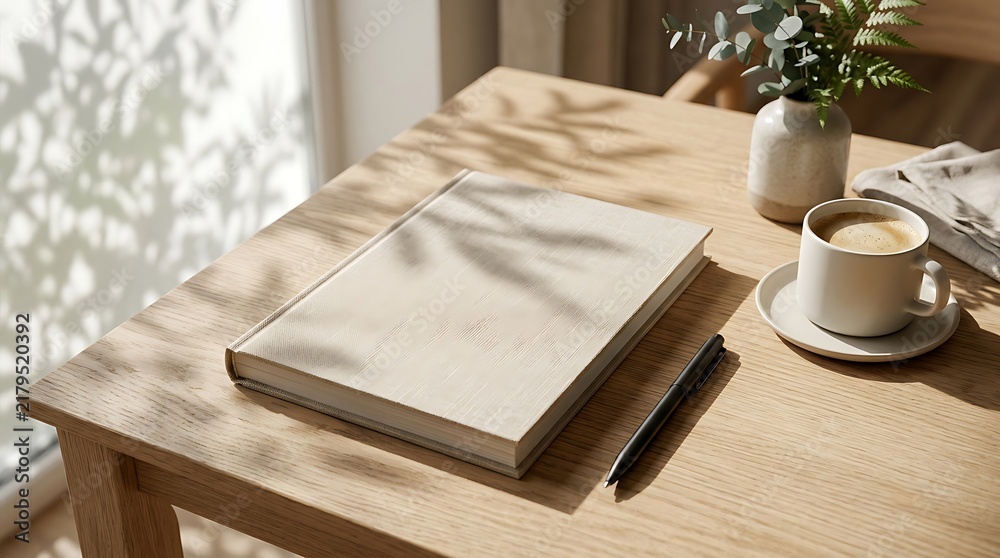 Fototapeta premium Blank notebook on a wooden table with coffee cup and plant shadow