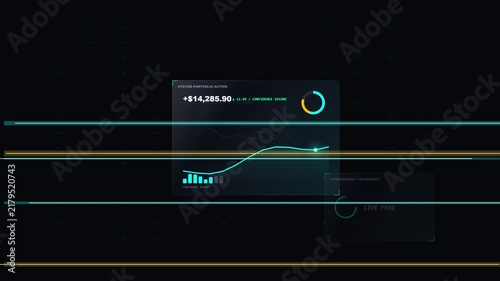 Futuristic financial dashboard interface with holographic glowing charts and data analysis graphics