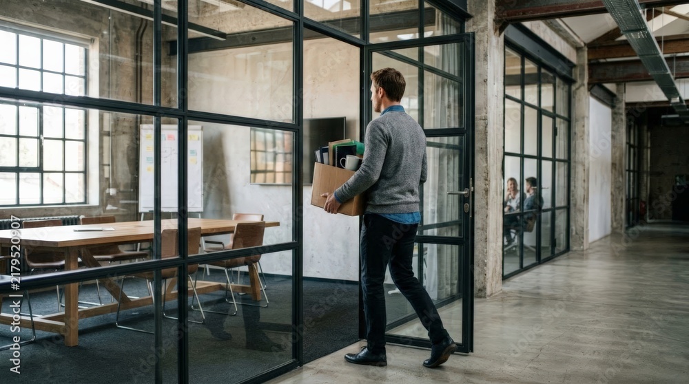Fototapeta premium A man in a gray sweater walks through a glass door carrying a cardboard box of office supplies, leaving a large wooden conference table behind