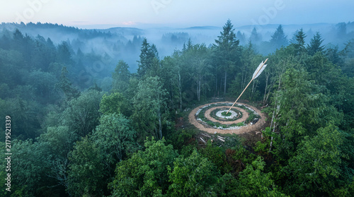 Aerial view of a giant earth target with an arrow in a forest clearing