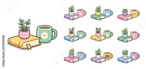 Playful illustration set of book with succulent plant and mug in pastel color