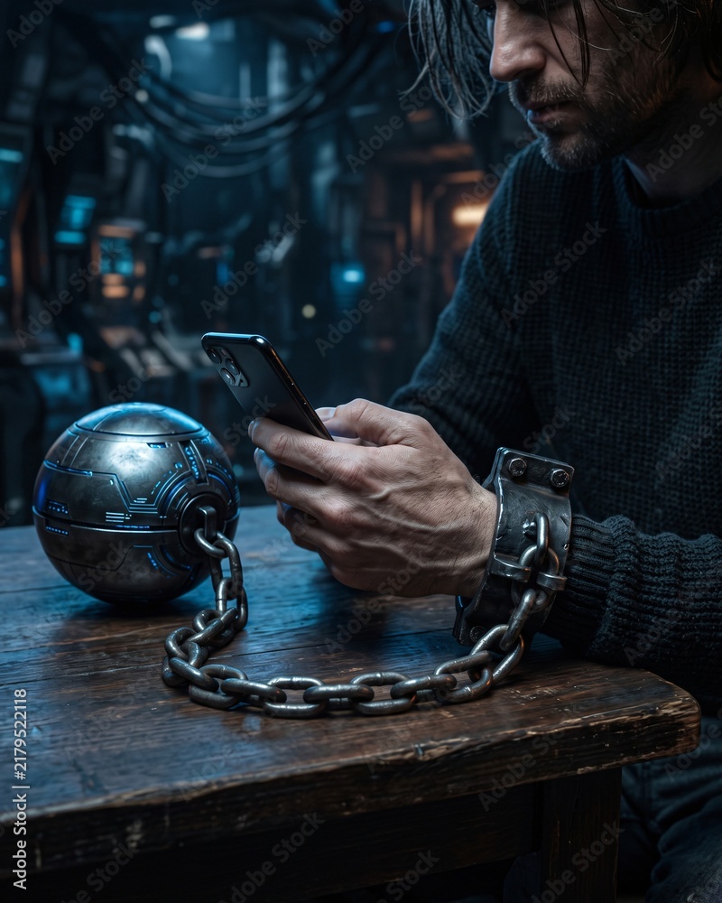 Obraz premium A man handcuffed to a futuristic metal sphere while using his cell phone, representing digital dependency.