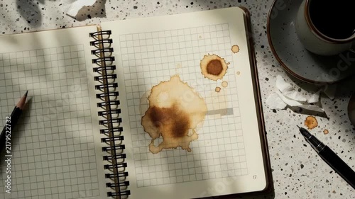 Overhead view of a messy workspace with coffee stains on a notebook and writing tools.