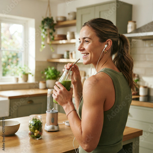 Woman glancing over her shoulder while sipping a green drink in a kitchen