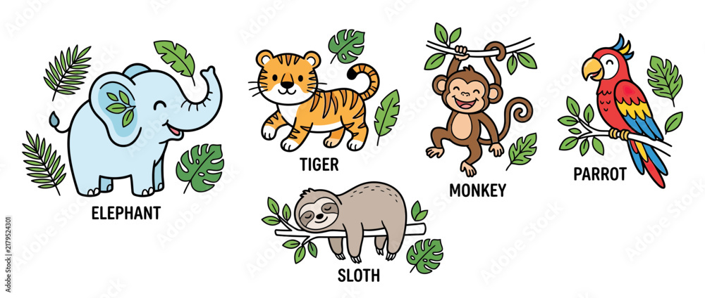 Naklejka premium Cute Cartoon Jungle Animals Collection Isolated