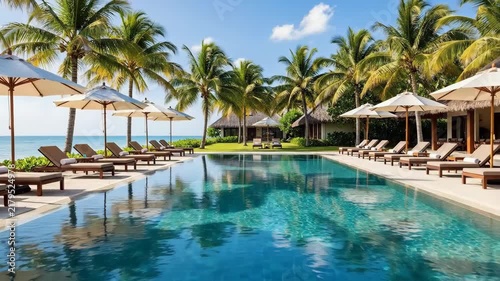 Luxurious tropical resort with infinity pool, palm trees, and ocean view.