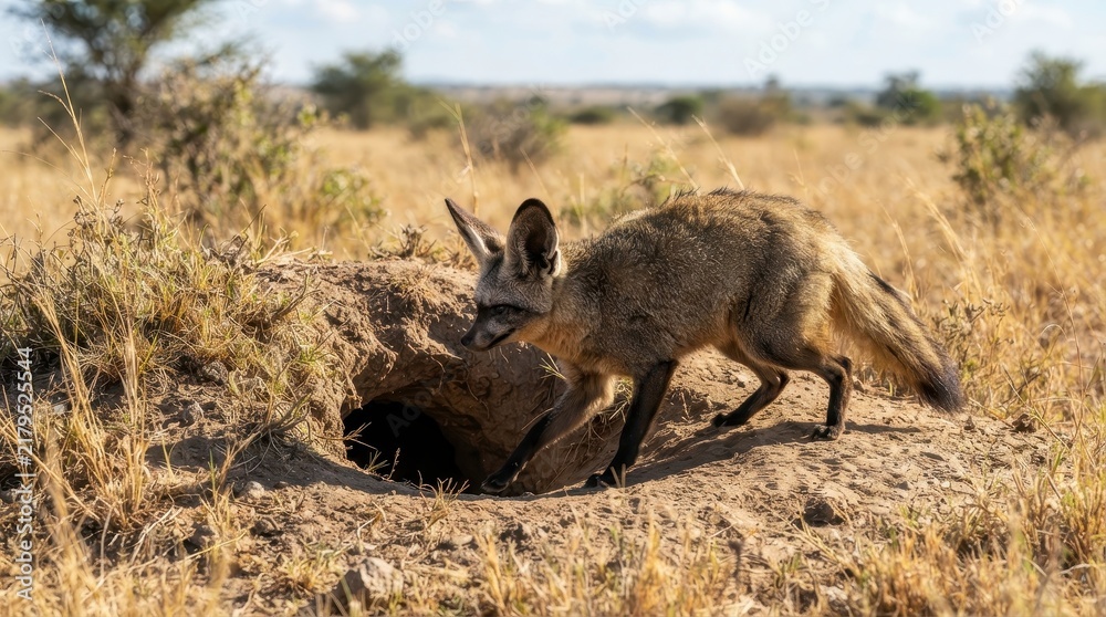 Obraz premium Bat-eared Fox Emerges from Burrow: A striking bat-eared fox, identifiable by its large ears and distinctive markings, cautiously emerges from its underground burrow in the arid African savanna.