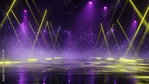 Concert stage with purple polygon mesh background and yellow spotlight beams in smoky room