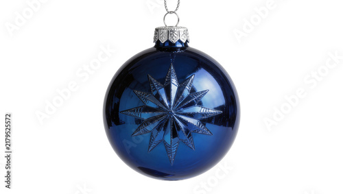 Deep blue glass Christmas ornament with star pattern, isolated on transparent background