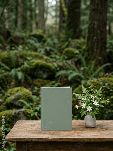 Sage green book and white flowers on a weathered table in a green forest