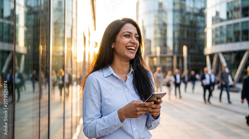 Happy adult Indian businesswoman laughing while using smartphone outdoors in modern urban financial district