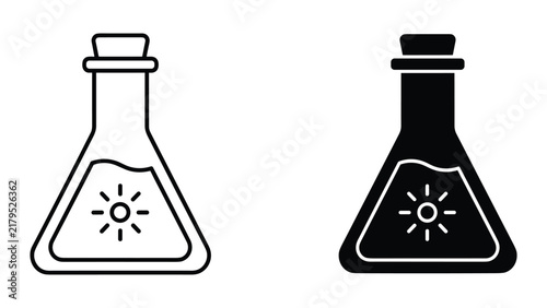 Set of two alchemy potion bottle icons with sun symbol inside, flat design style for chemistry, magic, science, or fantasy games, vector illustration