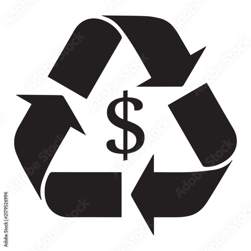 Black recycle symbol with a dollar sign in the center