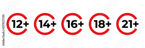Bild auf Leinwand Age restriction icons set, red circle warning signs for 12 plus to 21 plus, adul