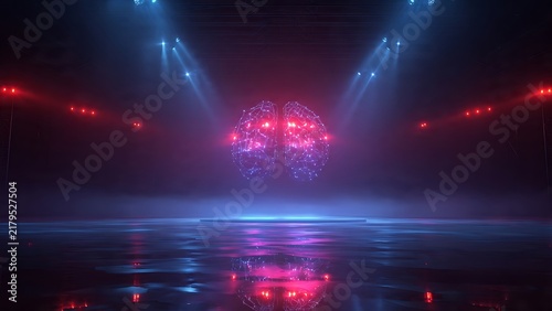 Digital human brain halves glowing red on dark stage with spotlights