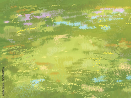 Vibrant Handdrawn Green Meadow Field With Blooming Wildflowers Vector Background Illustration