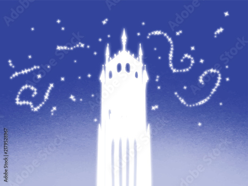 Magical Glowing Castle Tower Under Sparkling Starlit Night Sky Vector Illustration