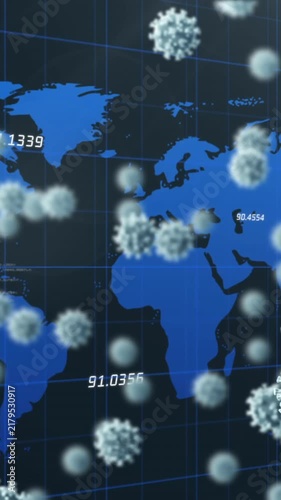 Animation of data processing over coronavirus cells floating