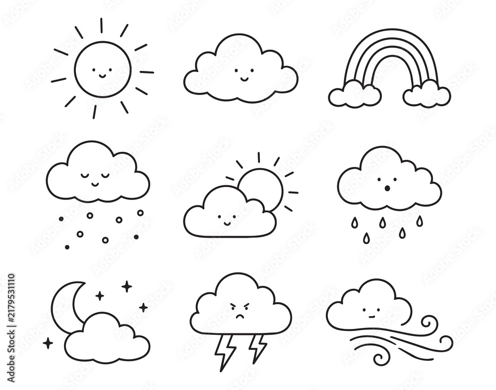 Obraz premium Hand drawn weather icons set with smiling sun, cloud faces, rainbow, moon stars, raindrops, snow, lightning, and wind swirls in clean outline doodle style, with weather, icon, sun, cloud detail