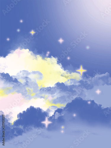 Dreamy Blue Sky Filled With Fluffy Clouds And Sparkling Stars Vector