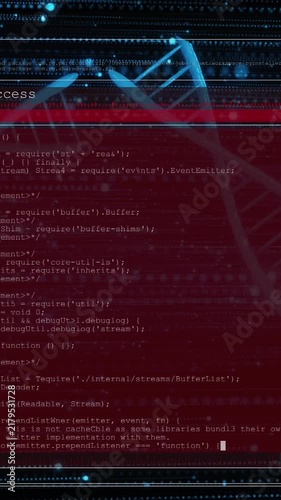 Animation of screens with programming languages over moving illuminated lines and dna helix