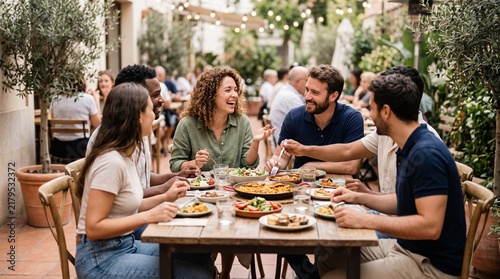 Diverse group of friends enjoying a meal together at an outdoor restaurant patio with string lights overhead