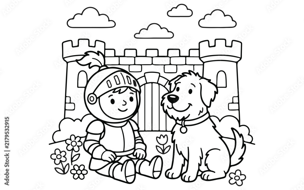 Fototapeta premium A cute little knight sitting with his loyal dog in front of a medieval castle coloring page