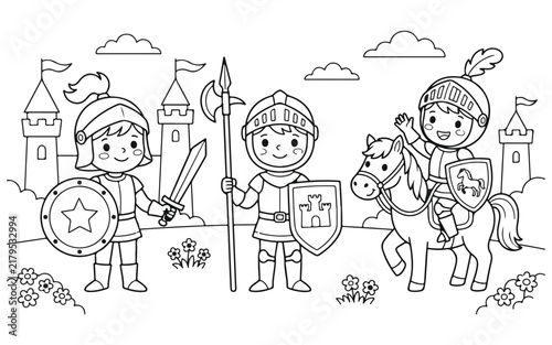 Fun medieval coloring page featuring three cute cartoon knights standing in front of a majestic stone castle