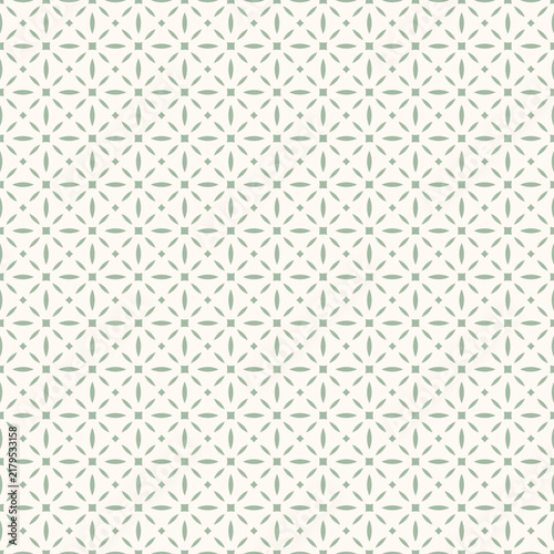 Luxury royal ornament. Elegant vector seamless pattern. Abstract geometric floral texture with small flowers, leaves, diamonds, stars, grid. Simple green and white minimal background in oriental style
